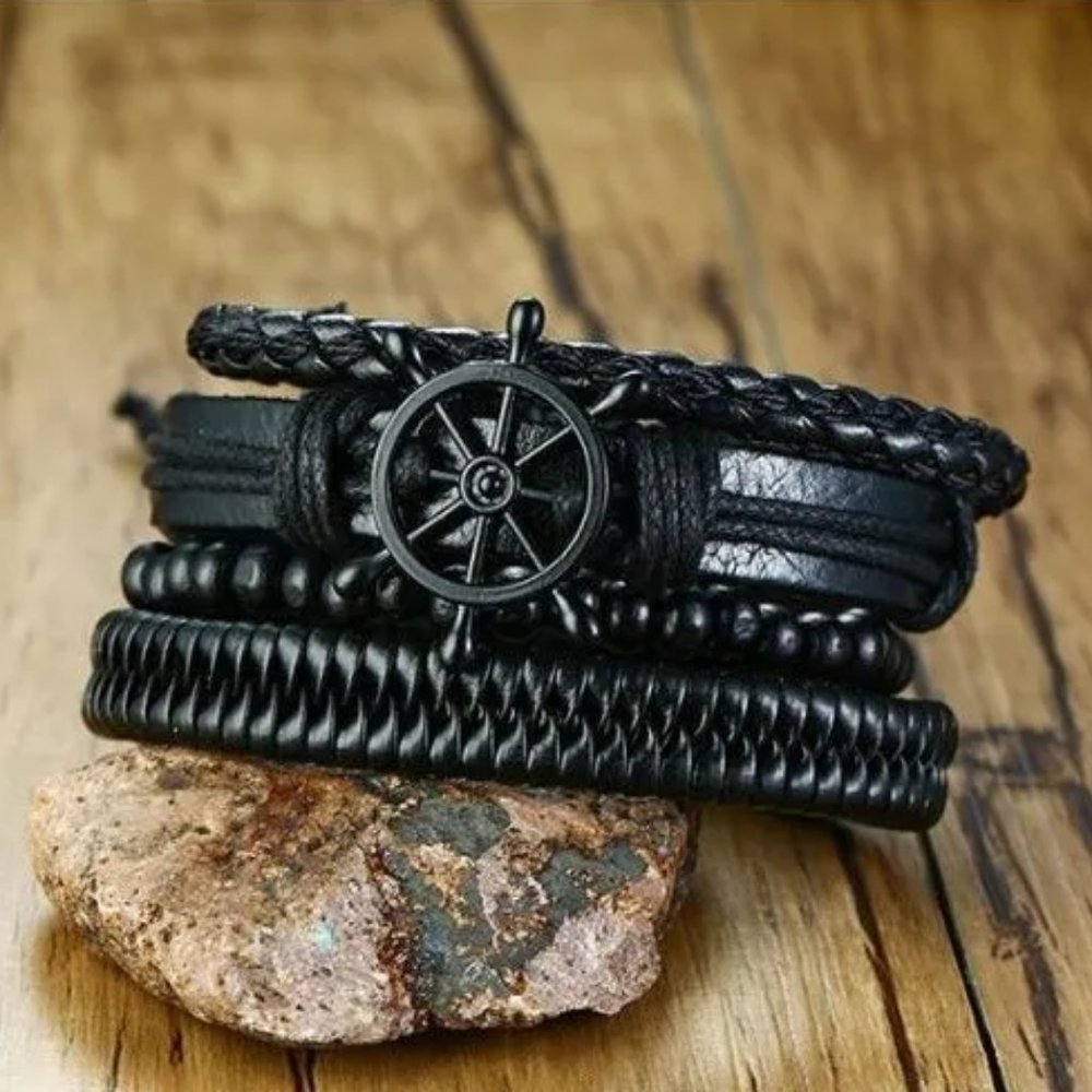 Ships Wheel Leather Bracelet | 4Pcs/ Set Braided Wrap Leather Bracelets for Men